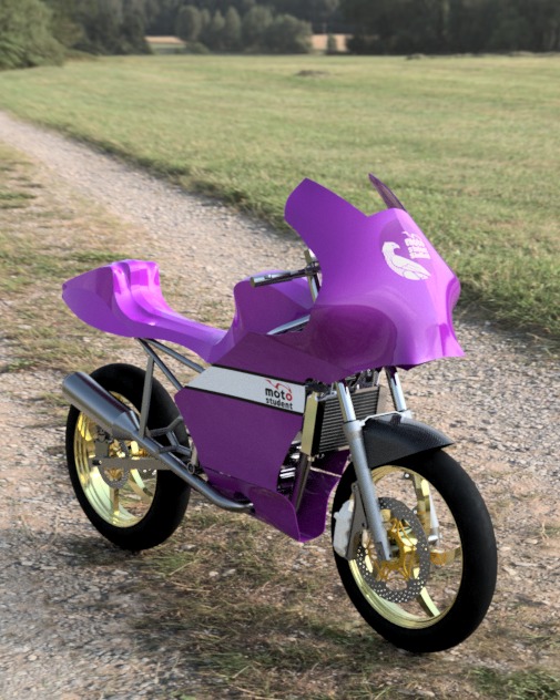 Photorealistic render of the MotoStudent Sheffield bike — purple bodywork with gold wheels, parked on a country path.